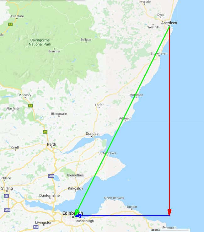 Map showing vector displacement from Aberdeen to Edinburgh