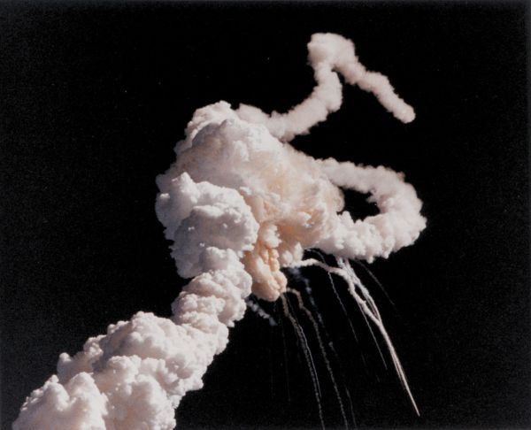 Photo of the disintegration of challenger on takeoff in 1986