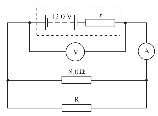 Circuit showing parallel resistors in a circuit with a cell of 12.0V emf