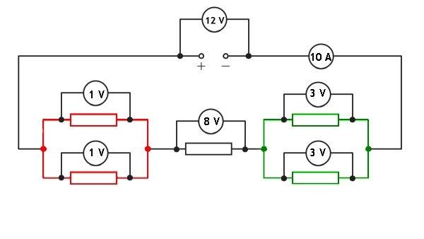 a mixed circuit with two parallel sections and a series resistor showing where the voltmeters are placed