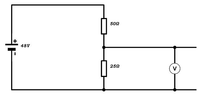 potential  divider circuit with 48V supply and R1 = 50 Ohms, and R2 = 25 Ohms with a voltmeter to determine the PD across it