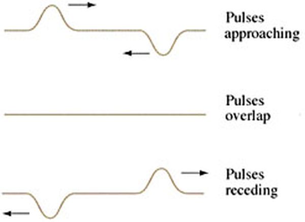 Image showing two pulses from a slinky, with one at each end travelling towards, through and past each other.