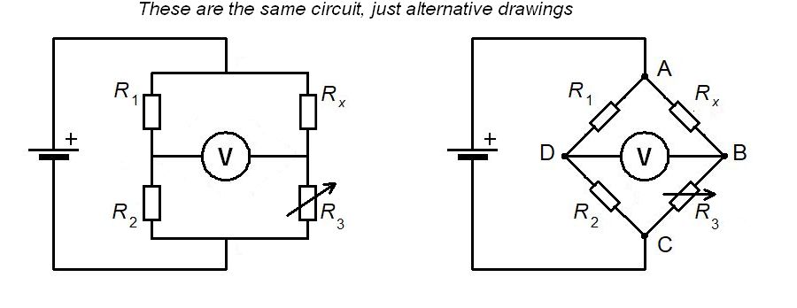 Circuit diagram for the Wheatstone bridge circuit